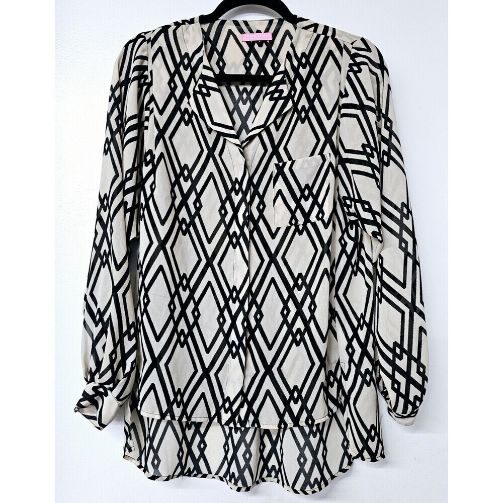 ISAAC MIZRAHI Tan Black Long Sleeve Sheer Button-Up Collard Women Shirt Blouse